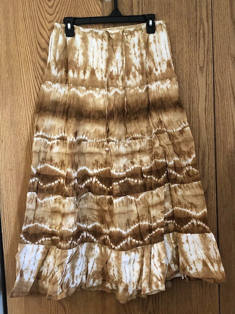 Boho Brown Cream Tie-Dye Tiered Maxi Skirt Cottagecore Flowy Size M